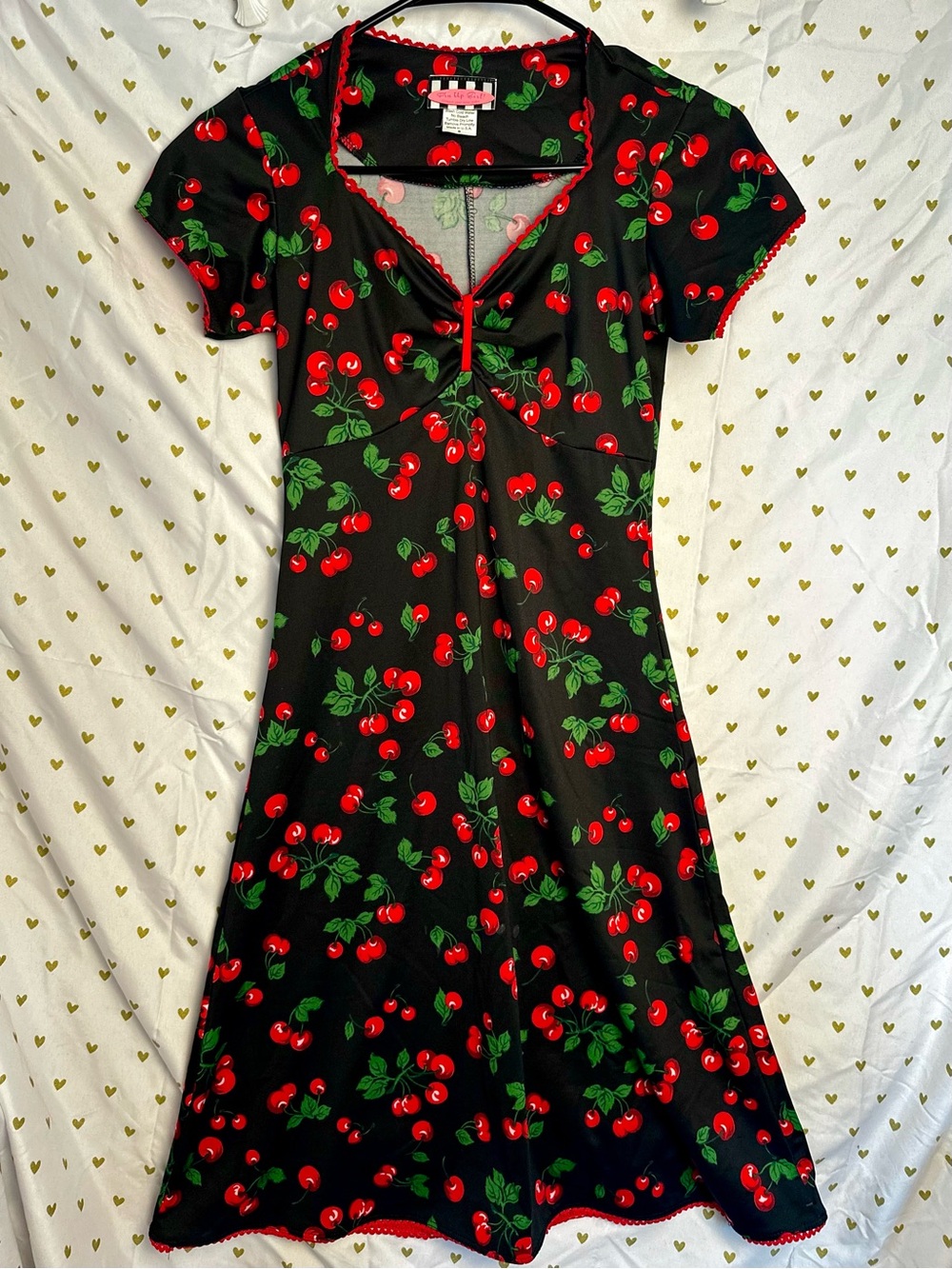 Vintage-Inspired Cherry-Print Pin Up Rockabilly Black Fit & Flare Dress NWOT